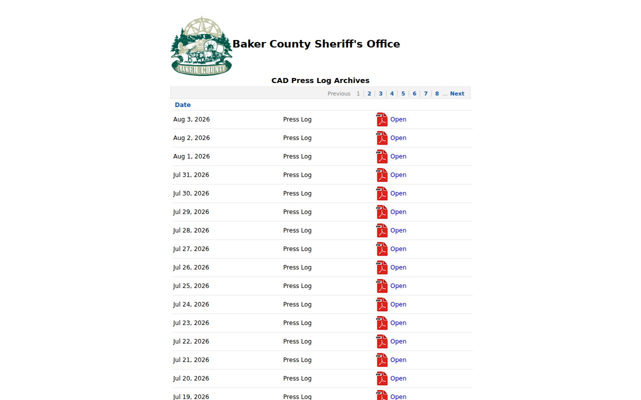 Baker County arrest search daily CAD press log