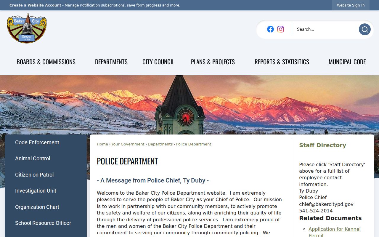 Baker City Police Department criminal records contact page