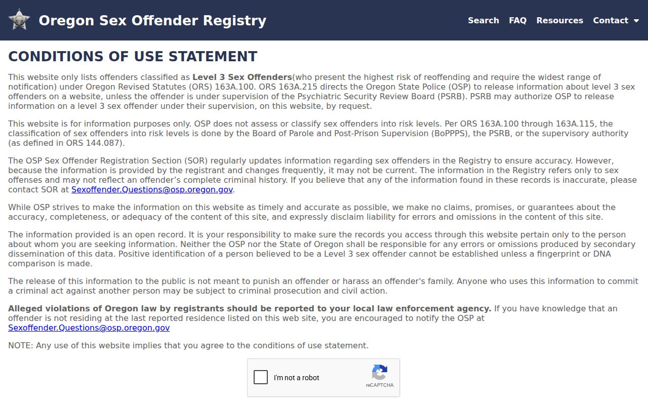 Baker County sex offender lookup Oregon registry search